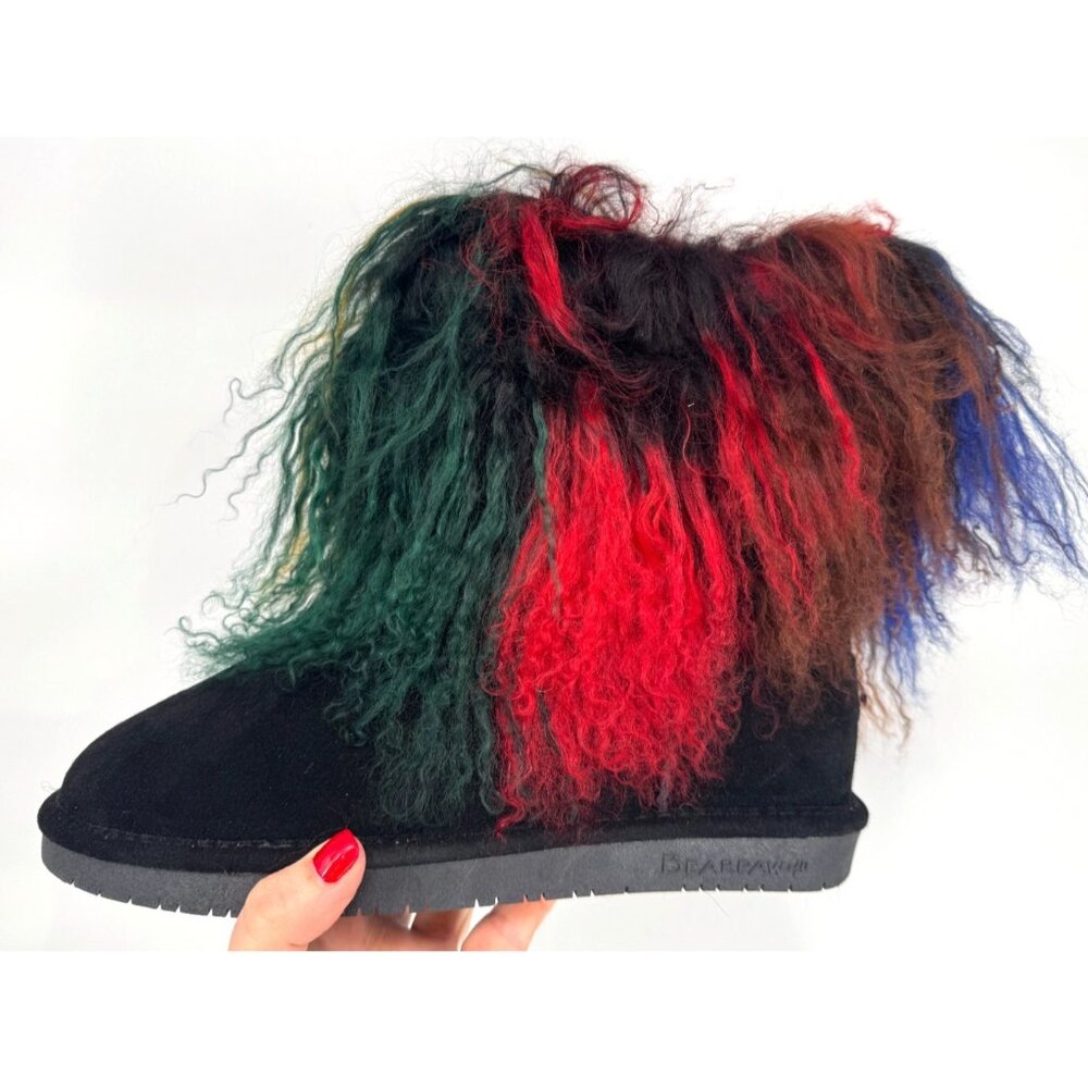 NIB BEARPAW Boo Multi Black Curly Lamb Fur Wool Fluffy Snow Boots Women Sz 10